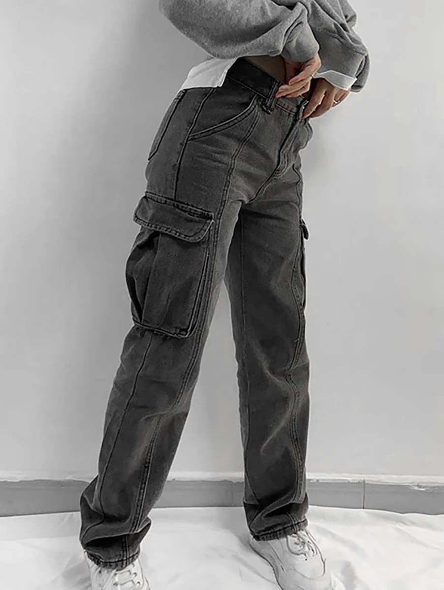 

ZAFUL Faded Flap Pockets Tapered Cargo Pants Utility Jeans Women Zipper Fly Denim Bottoms pantalones de mujer vaqueros