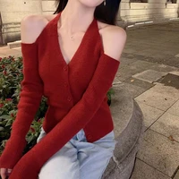 halter knitted sweater women slim cold shoulder v neck cardigans long sleeve sweet sexy single breasted knitwear elegant n009