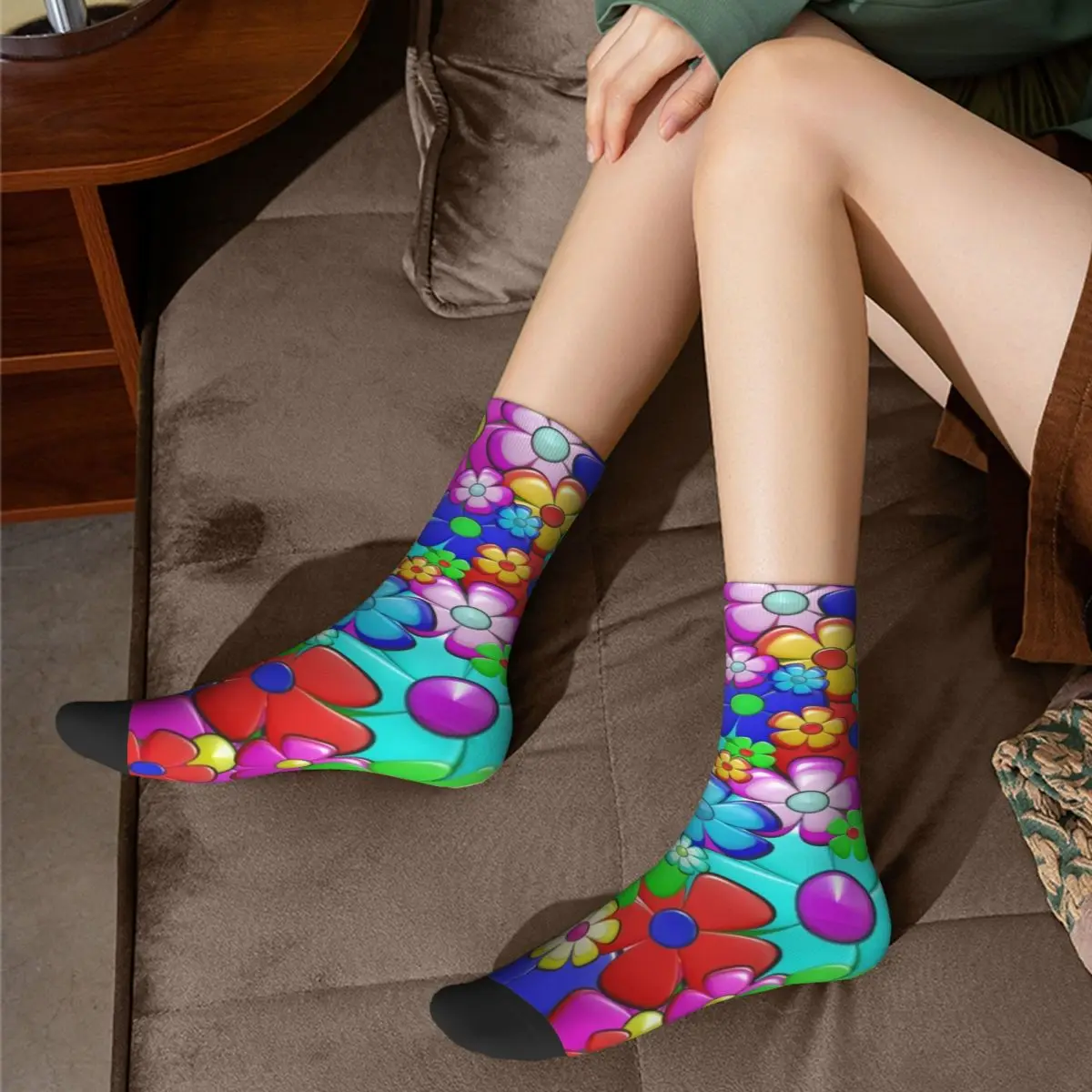 

Hippie Retro Peace Socks Colorful Flower Print Trendy Youth Mid Stockings Large Chemical Fiber Summer Matching Socks