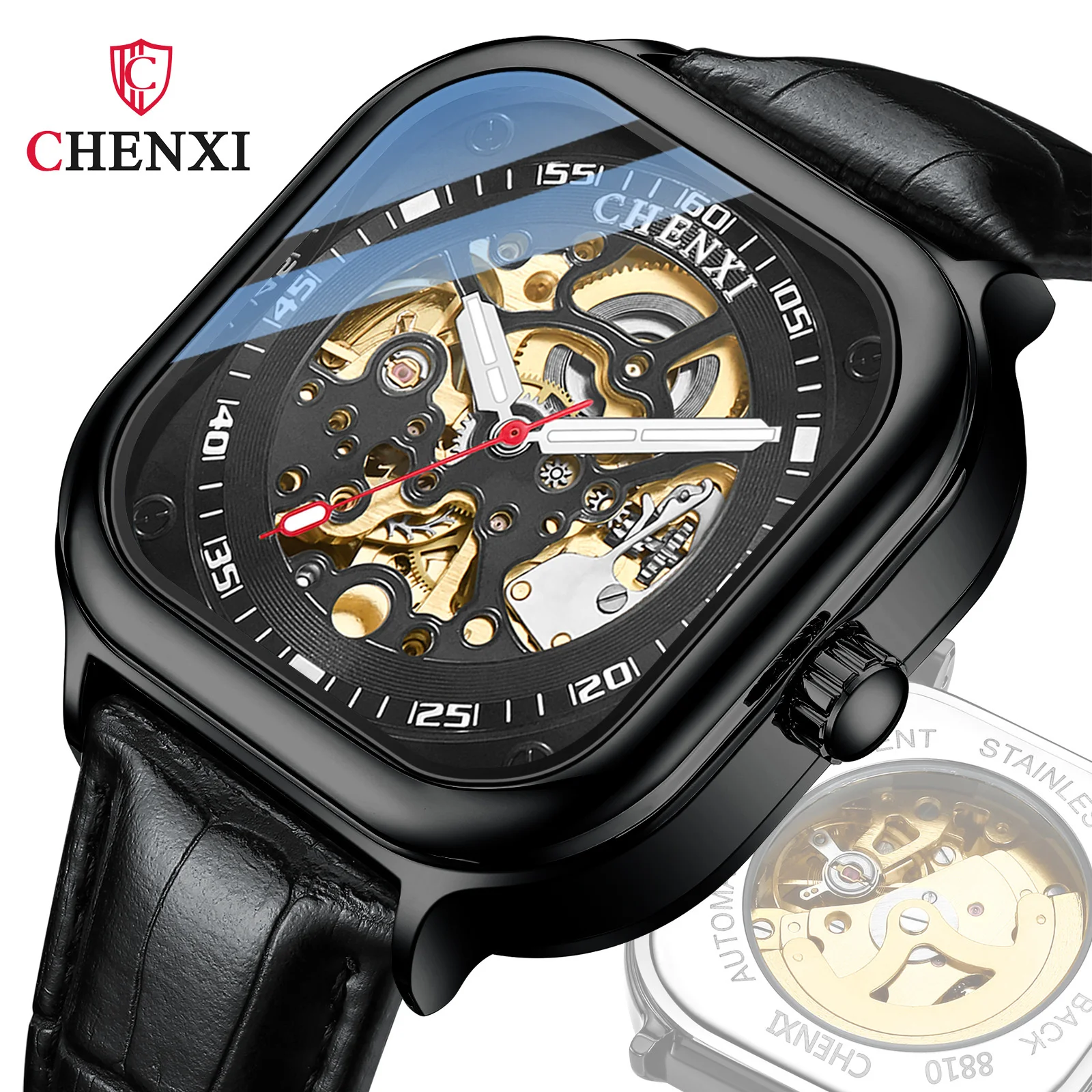 

CHENXI 8810A Leather Mesh Strap Square Fashion New Automaton Men Waterproof Hollowed Mechanical Male Watch