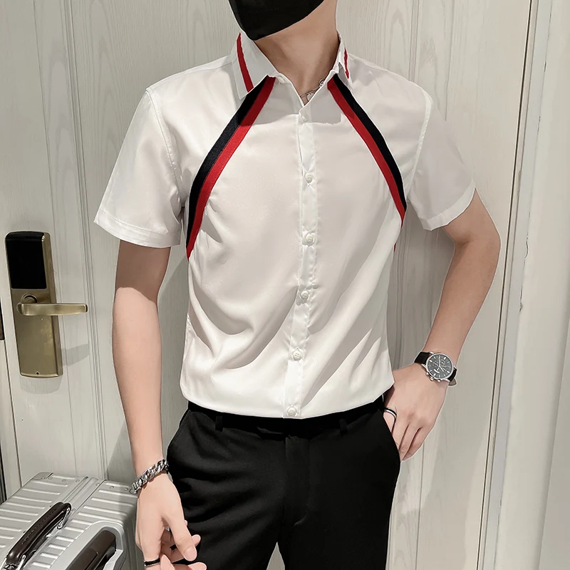 Summer Short Sleeve Shirts for Men Contrasting Colors Splicing Casual Slim Shirt Office Social Party Shirts Party Tuxedo Blouse