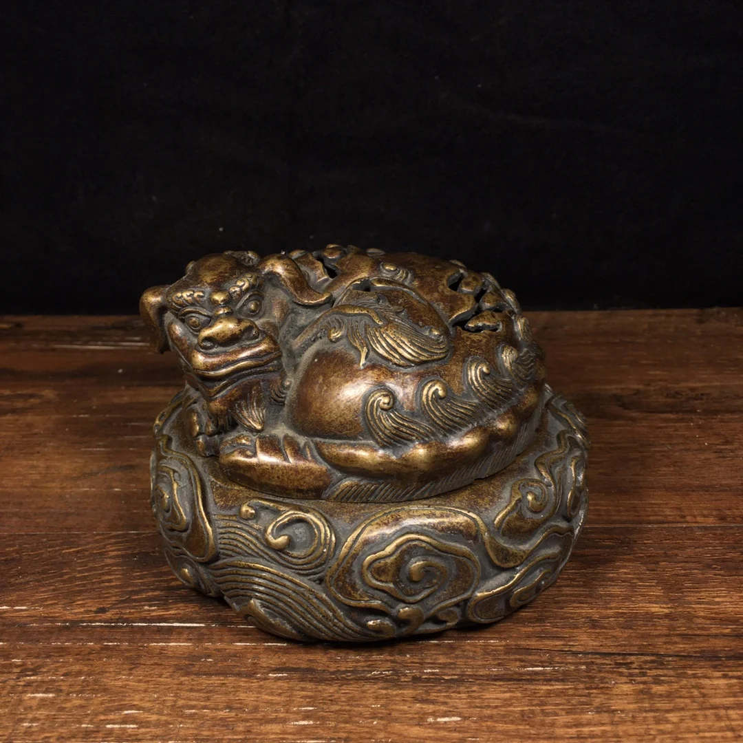 

5" Tibetan Temple Collection old Bronze Cinnabar mud gold lion statue plate incense burner office ornament Town house Exorcism