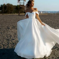 off shoulder short sleeves sweetheart wedding dress a line backless bride gown satin pleated robe de mari%c3%a9e beach wedding gown