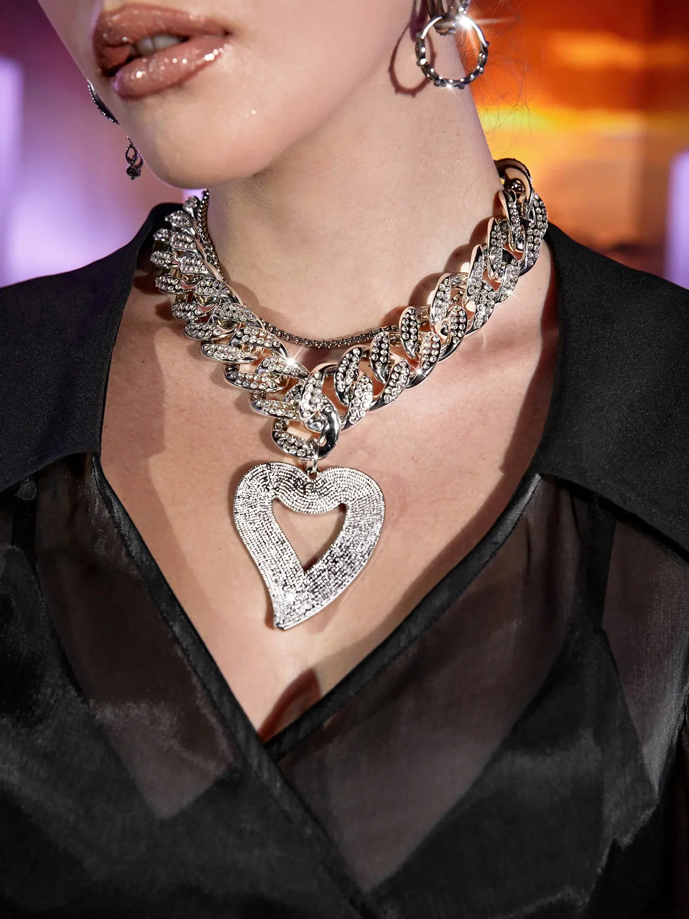 

Large Silver Color Heart Pendant Necklace For Women Fashion Vintage Harajuku Punk Hip Hop Necklace Charm Aesthetic Party Jewelry
