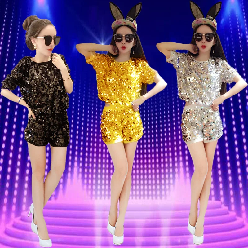 

#9881 Sequin Dance Clothing Woman Summer Short Sleeve O-neck Tops And Hot Shorts Sets Ladies Streetwear Clothes Female Hip Hop