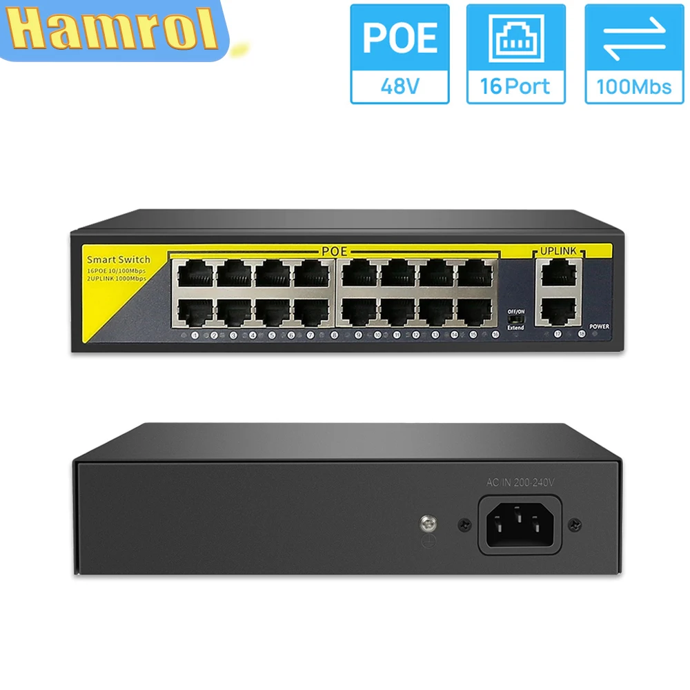 HAMROL POE Switch 16CH 2 Uplink Etherne Ports+16 POE Ports IEEE802.3af POE48V For IP Camera NVR/Wireless AP/CCTV Security System