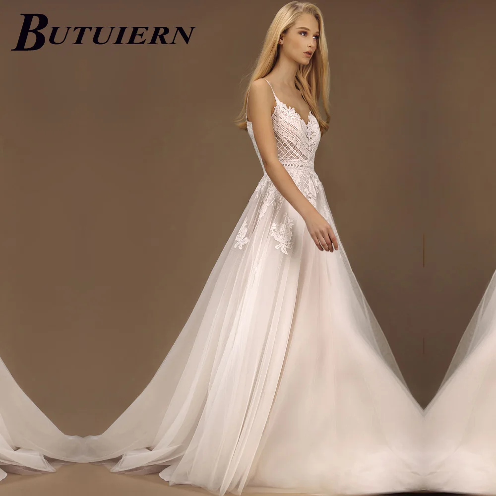 

COZOK свадебное платье с аппликацией с V-образным вырезом на тонких бретельках кружевное алиновое свадебное платье с молнией сзади дизайн со шлейфом под заказ