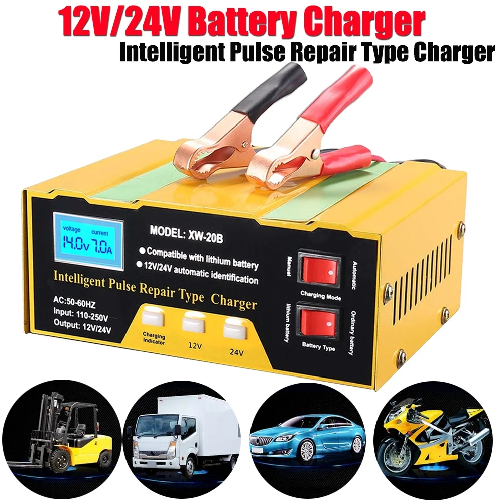 12V 24V Battery Charger Intelligent Pulse Repair Charger with LED Display for Car Auto Cell Motorcycle Battery 5 Charge Stages