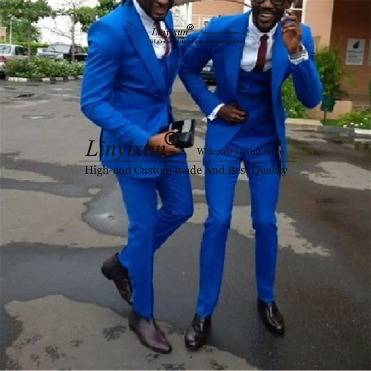 

Ярко-синий стиль, 3 предмета, пиджак, брюки, жилет, смокинг для жениха, деловые мужские блейзеры, костюм для жениха для мужчин