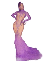 fashion show purple shining rhinestone sequins women stage costume long tassel sleeve evening festival rave party dress
