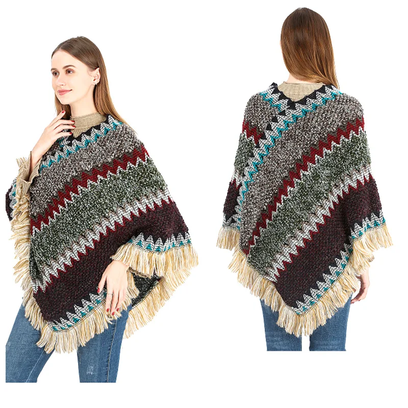 

New Cape Knitted Sweater Poncho Capes Tassel Ethnic Style Jumper Cloak Women Autumn Spring Fashion Pullover Keep Warm Hair Scarf