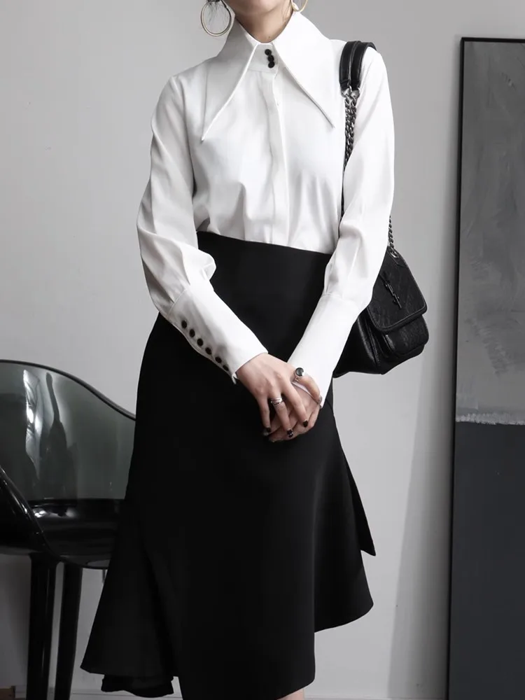 Женская рубашка-поло с длинным рукавом белая или синяя Элегантная универсальная