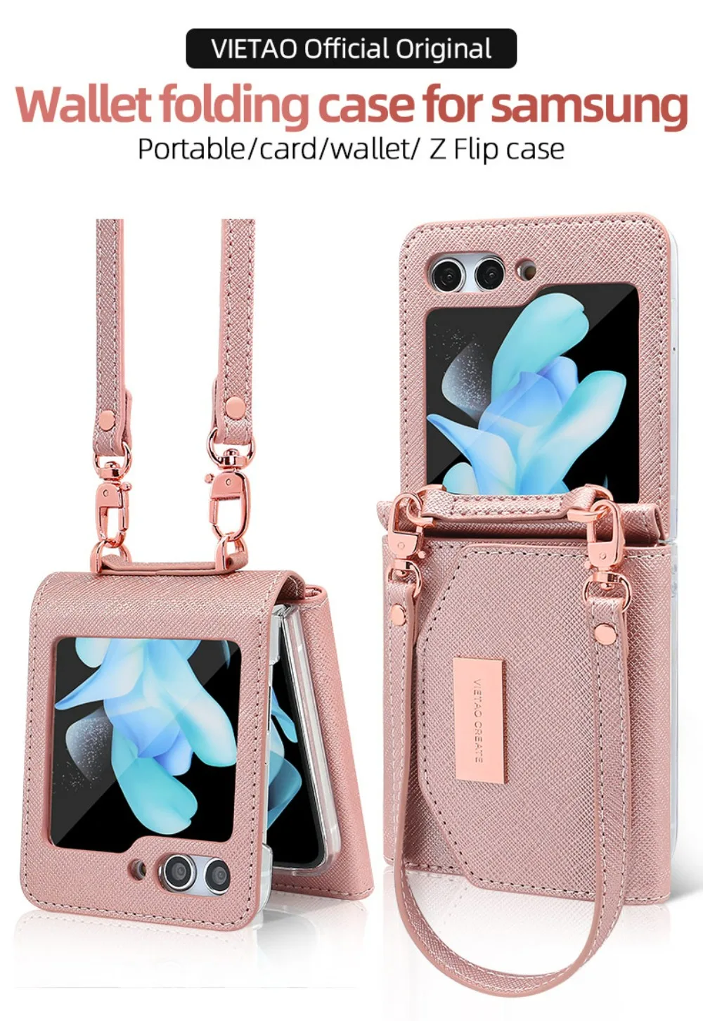 

For Samsung Galaxy Z Flip 5 4 3 5G Case Elegant Plain Leather Multifunctional Wallet Card Bag Crossbody Strap Folding Back Cover