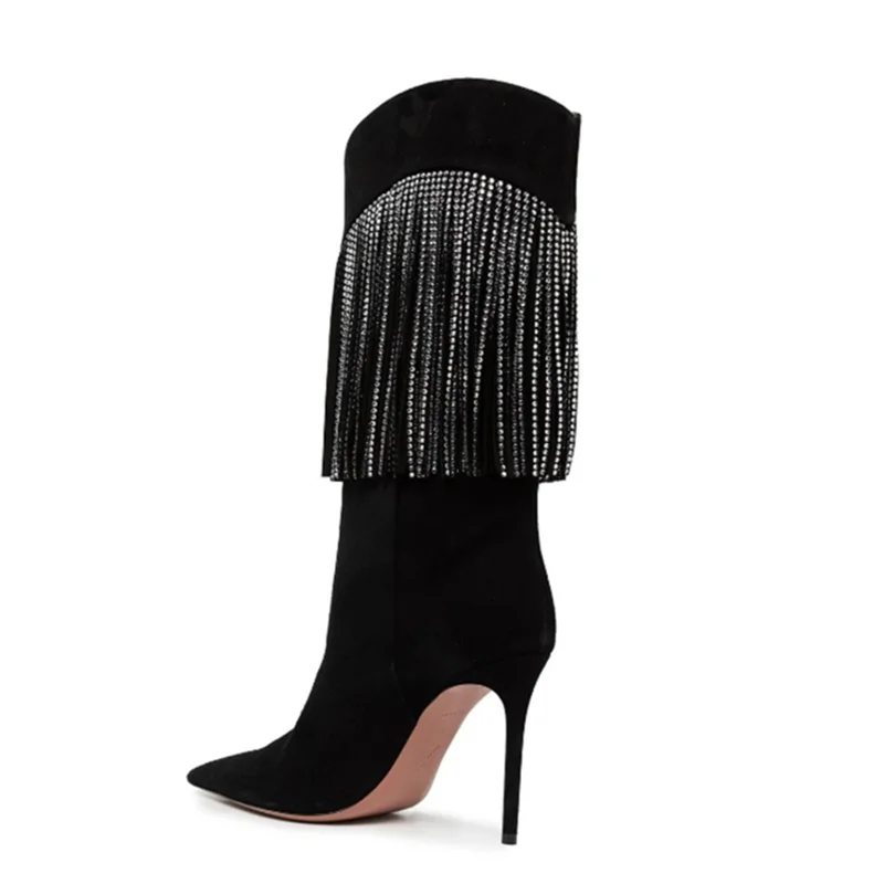 Luxury Diamonds Tassels Women Custom Knee High Boots Sexy Pointy toe Stiletto Heels Shoes Fancy Suede Long Women Booties