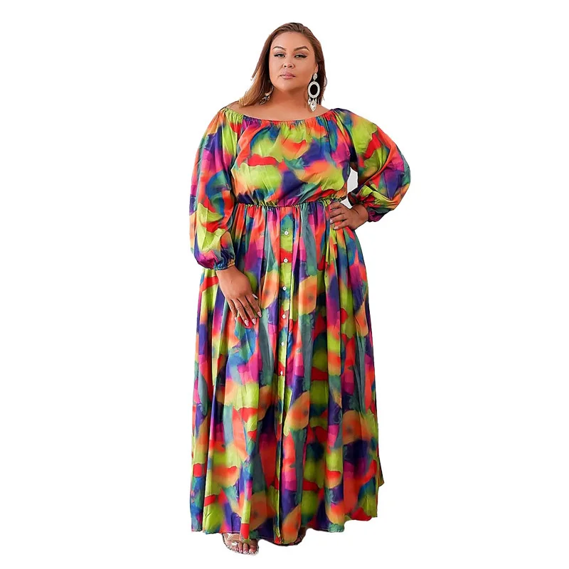 Plus Size Large Women's Dress New Slash Neck Oversize Dress Temperament Print Fashion Button Loose Swing Long Sleeve Dresses