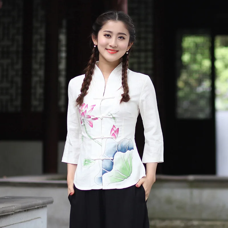 

Женский короткий топ из хлопка и льна, облегающий Топ с длинным рукавом и принтом в китайском стиле Ципао, лето