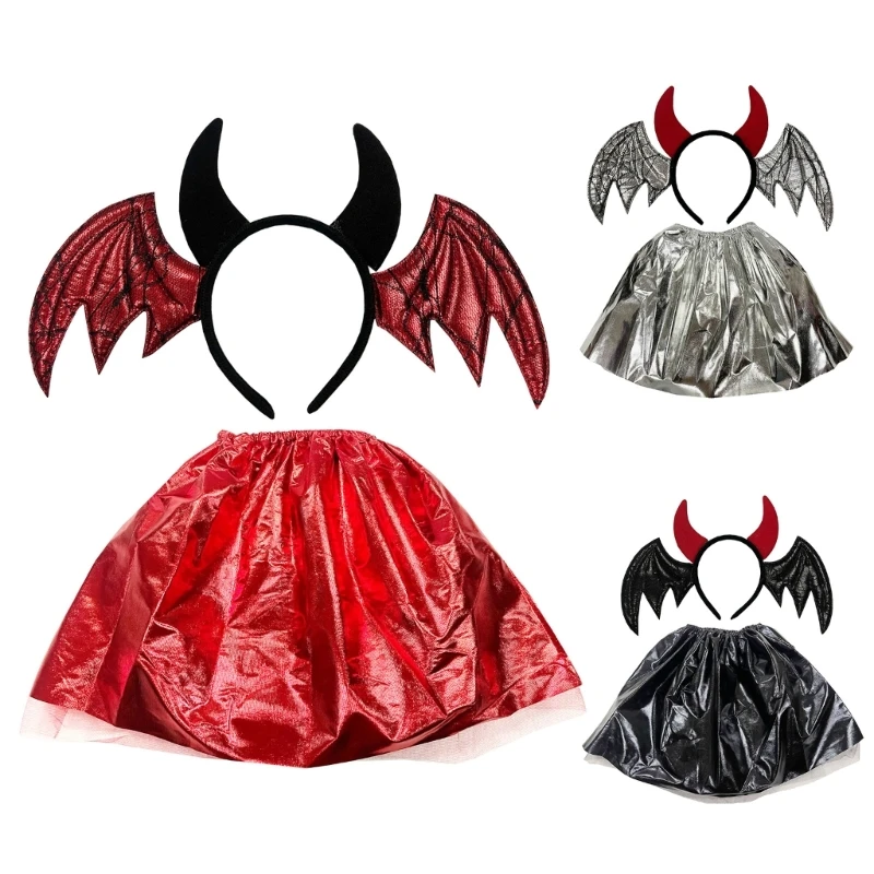 

Shimmering Bat Wing Headband Skirt Set Cosplay Accessories Devil Headdress with Black Wing Cosplay Wear Gift for Teens