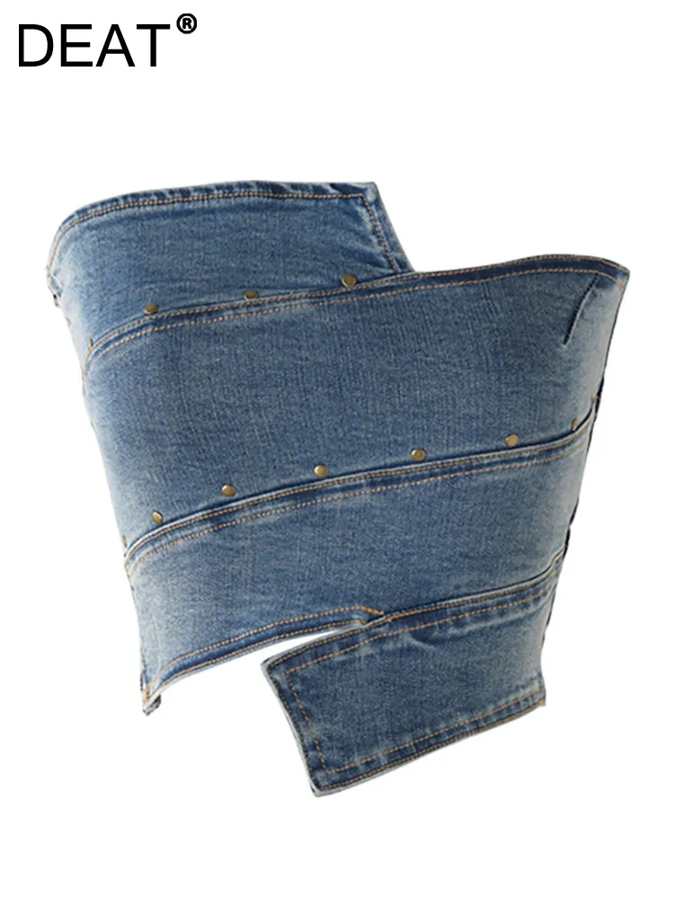 

DEAT Women's Denim Short Tank Tops Strapless Asymmetric Patchwork Rivet Slim Solid Color Camis 2023 Summer New Fashion 29L1173