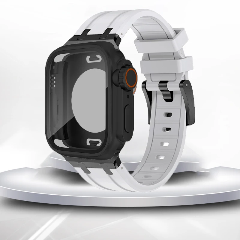 

Glass+Case+Silicone Strap For Apple Watch Band 44mm 45mm Sport Bracelet iWatch Serise 5 6 7 8 SE Change to Ultra Waterproof Case