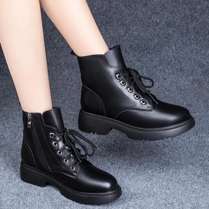 2022 New Arrival Women Black Booties Mid-heel Fashion Ladies Soft Leather Ankle Boots Autumn Winter Female British Boots Girls