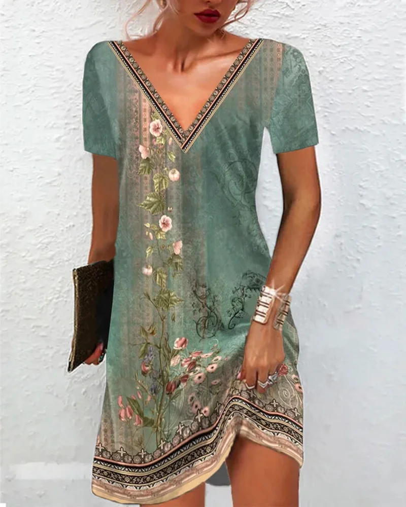 

Floral Printing Dress for Women 2023 New Fashion V Neck Patchwork Short Sleeve Summer Dresses Vintage Casual Chic Dress