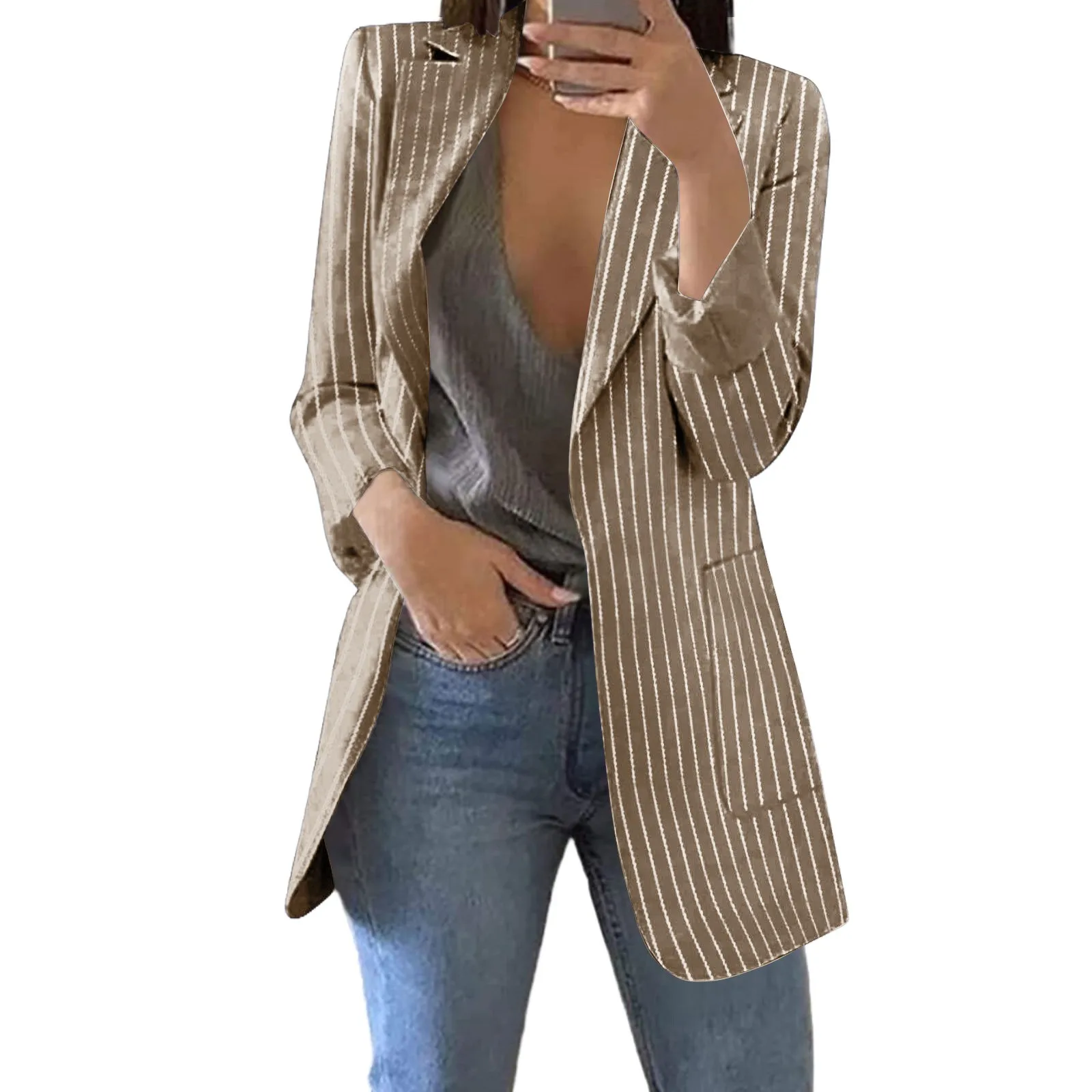 

Женский модный полосатый Блейзер, приталенный Блейзер с отложным воротником, жакеты, Женское пальто для работы и офиса, пиджак с карманами, шикарная верхняя одежда