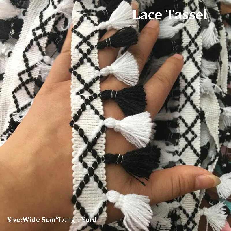 

5CM Wide HOT Embroidery White black flower lace fabric trim ribbon DIY sewing applique collar fringe tassel dress guipure decor