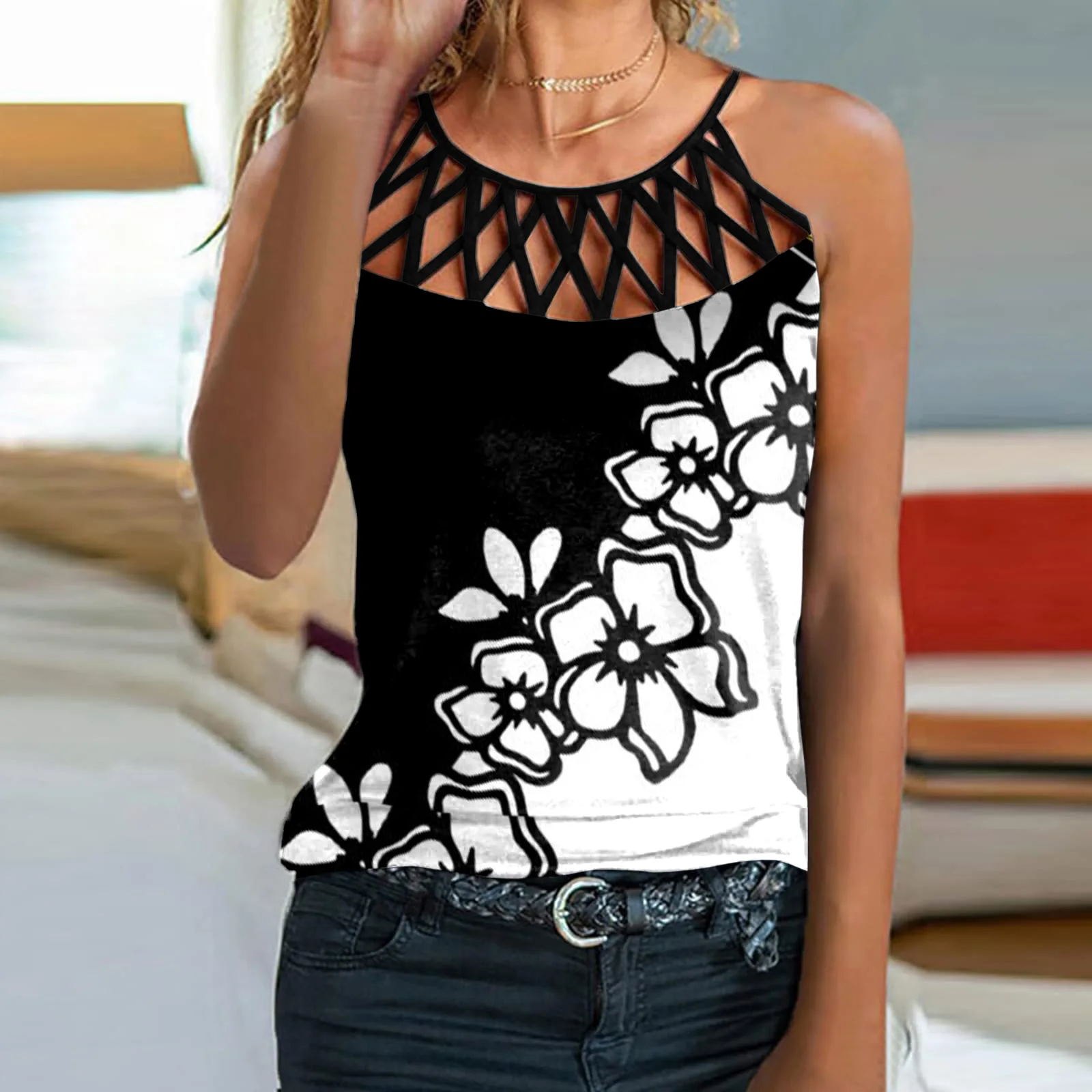 

Women Spring Summer Floral Cami Tops Ladies Strappy Sleeveless Casual Party Loose Regular Tank Vest Retro T-Shirt For Female