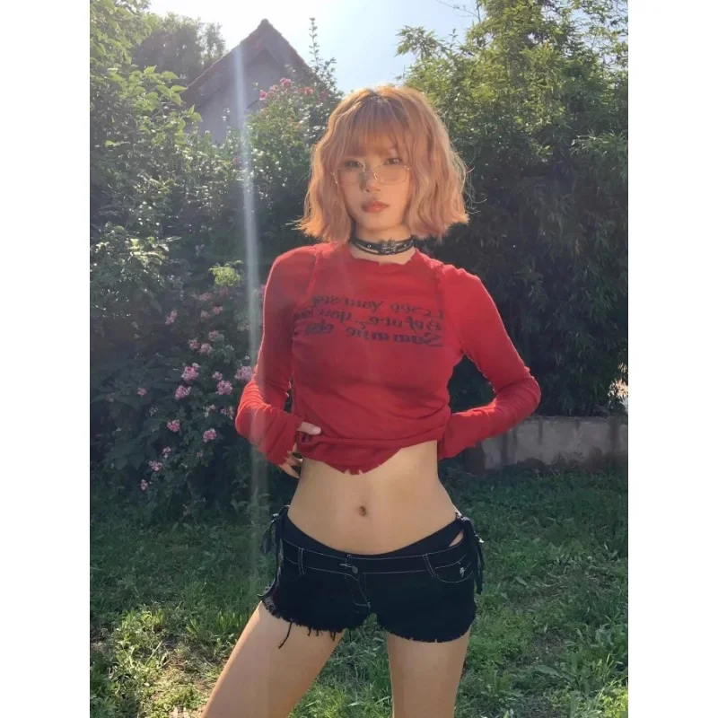 Новая американская Ретро футболка с длинным рукавом базовый красный женский