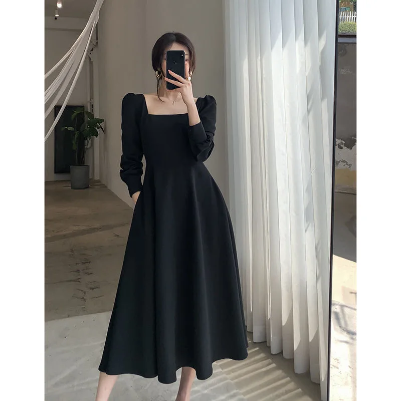 

Black Dress Women's 2022 Autumn New Long-sleeved French Retro Hepburn Style Square Neck Dress