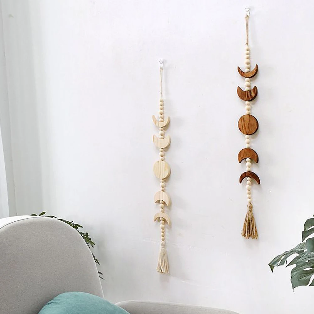 Купи Wood Star Moon Phase Wall Hanging Boho Tassel Celestial Ornament Wood Bead Garland Living Room Wall Decor Home Decoration за 544 рублей в магазине AliExpress