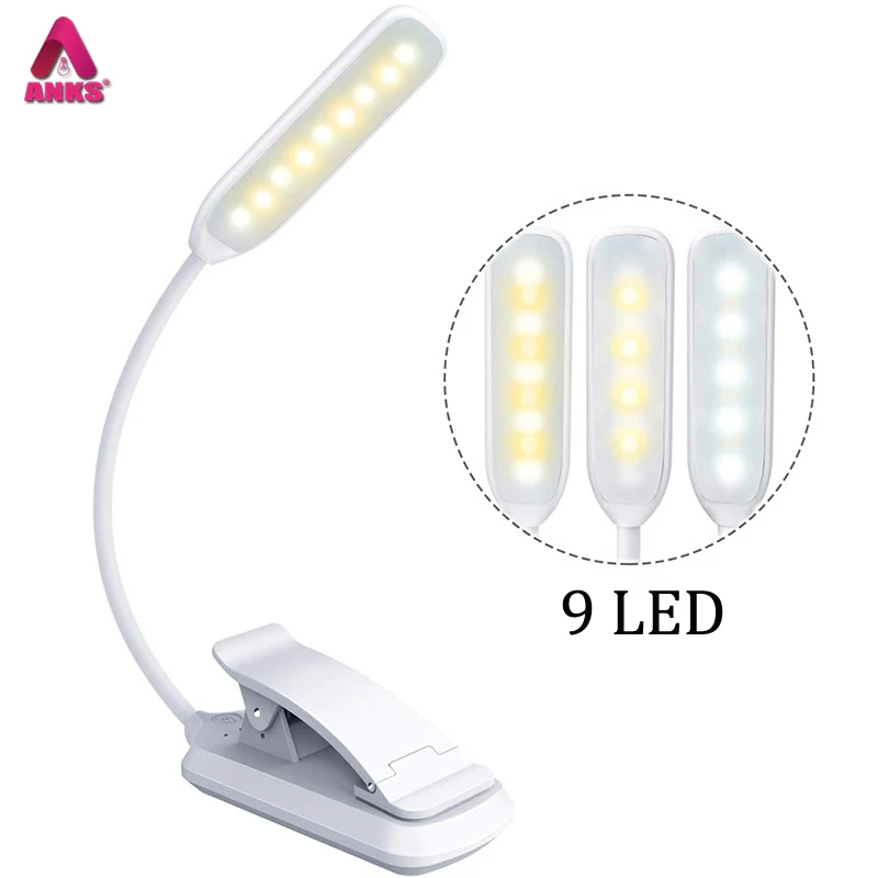 9 LED Reading Light Book Light Lamp USB Rechargeable Warm Clip Lamp Brightness Stepless Dimming Desk Table Read Night Light