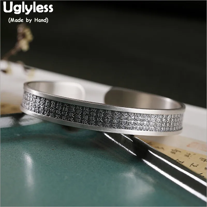 

Uglyless Solid 999 Real Silver Wide Bangles Women Embossed Heart Sutra Buddhistic Bangle Adjustable Buddhism Gifts Jewelry BA706