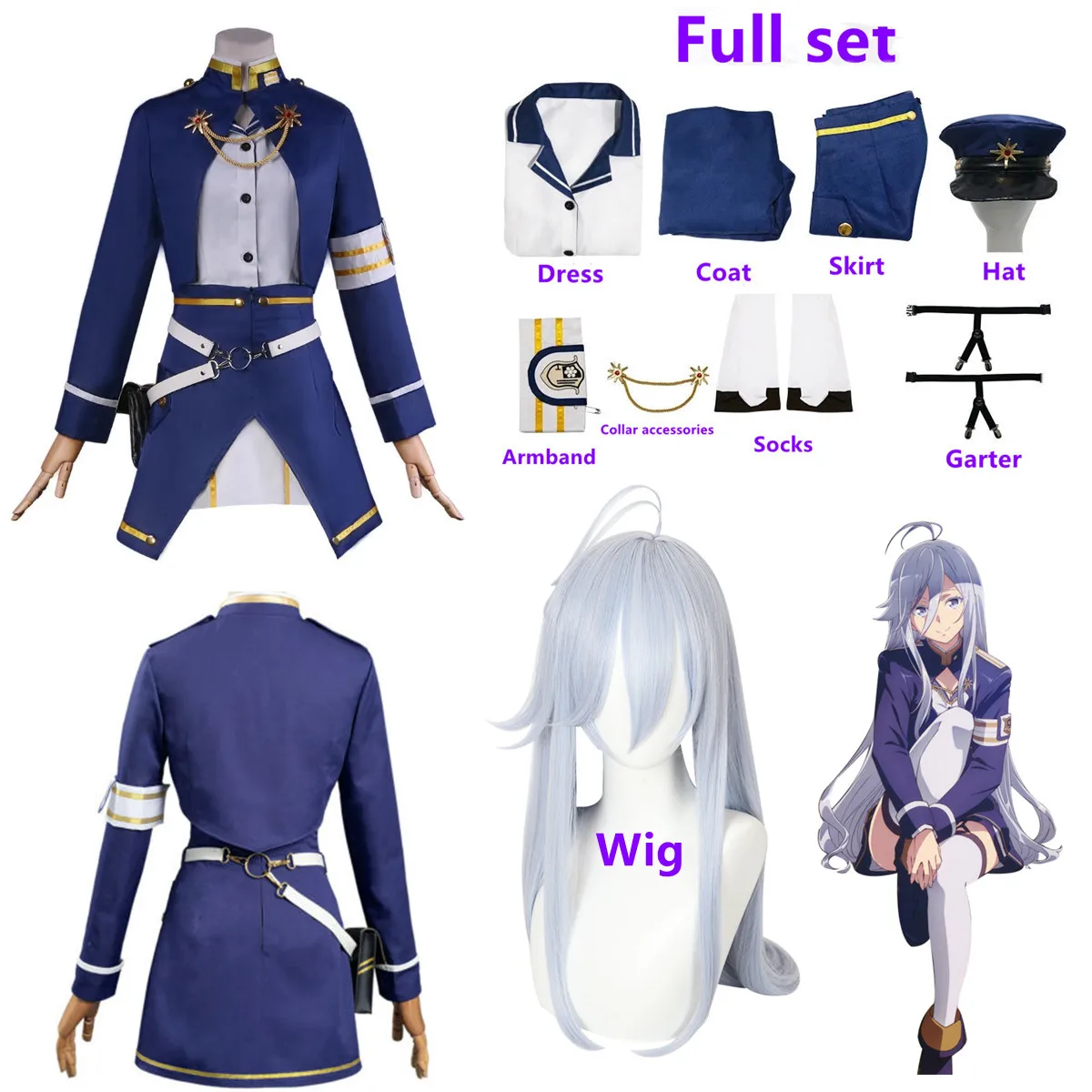 

Anime 86 Eighty Six Vladilena Milize Cosplay Costume Lena Dress Blue Uniform Hat Wig Halloween Party Outfits Girls Women