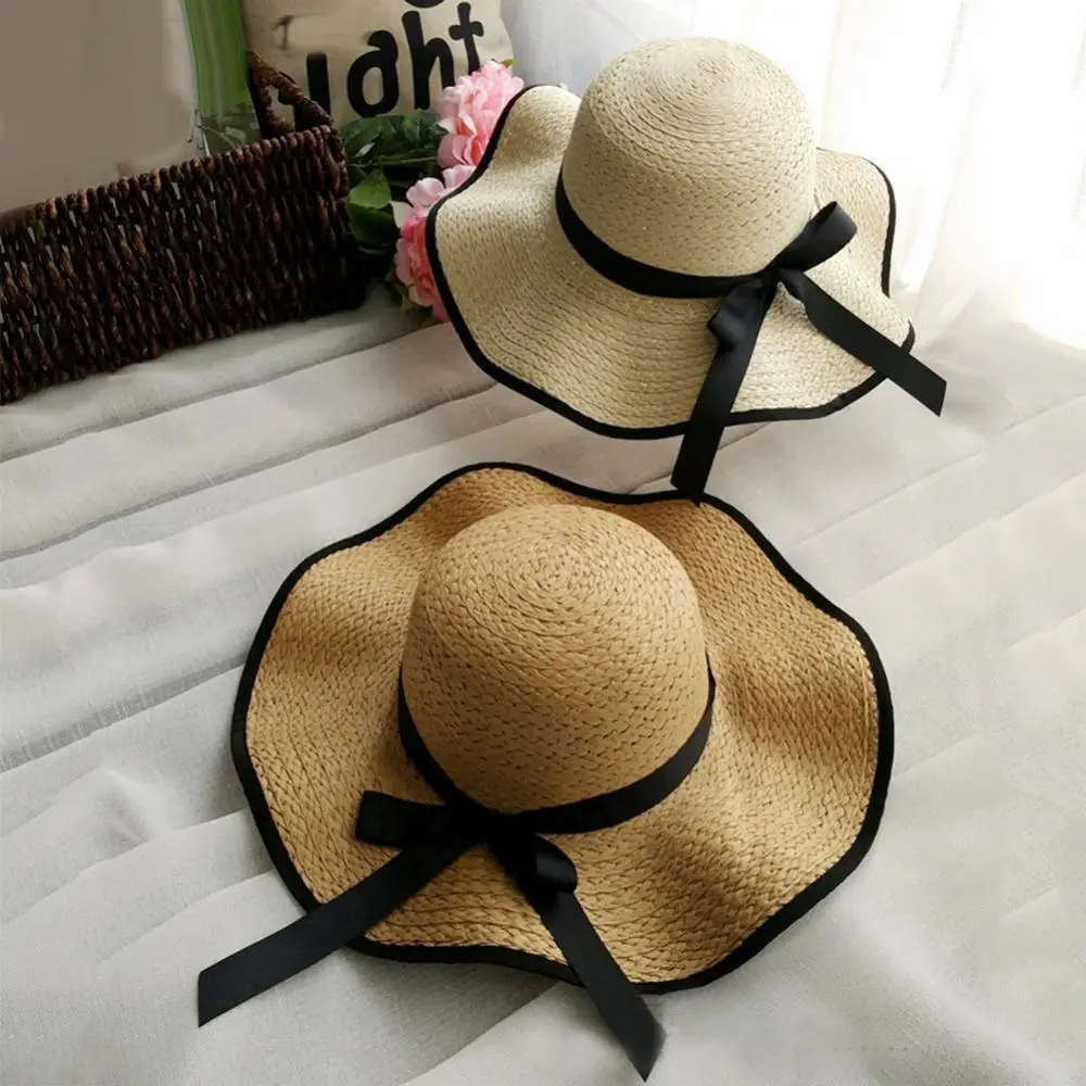 

Sunhat Cap Women Sunscreen Beach Hat Wide Brim Hat Bowknot Straw Weave Wavy Outdoor Beach Hat