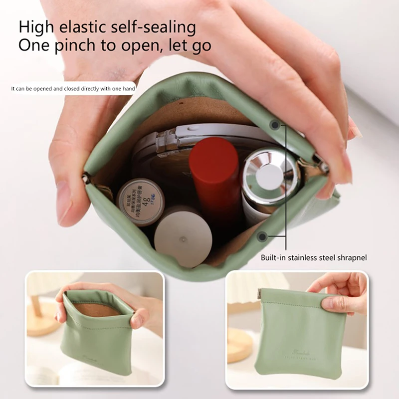 

Automatic Closing Lipstick Pouch Leather Cable Organizer Bag Sealing Coins Keys Organizer Bag Jewelry Earphone Storage Pouch