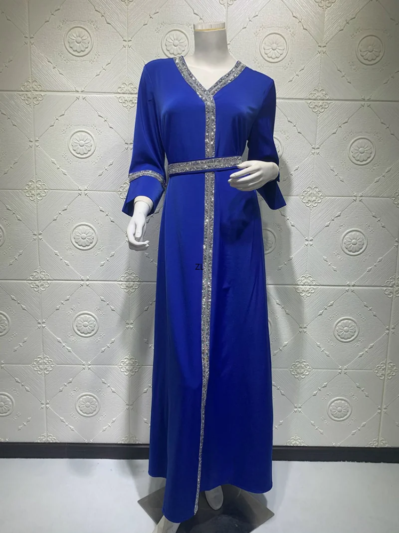 Satin Dubai Abaya Jalabiya Luxury Diamond V Neck Long Sleeve Tie Waist Muslim Women Islamic Clothes  Arabic Turkey Dubai Kaftan