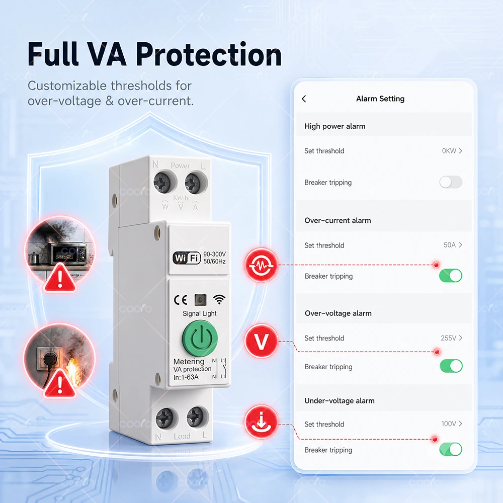 Фото Умный автоматический выключатель Tuya WiFi 63A 1P+N с функцией измерения энергии, таймером, реле, защитой от перенапряжения и перегрузки по току. №3