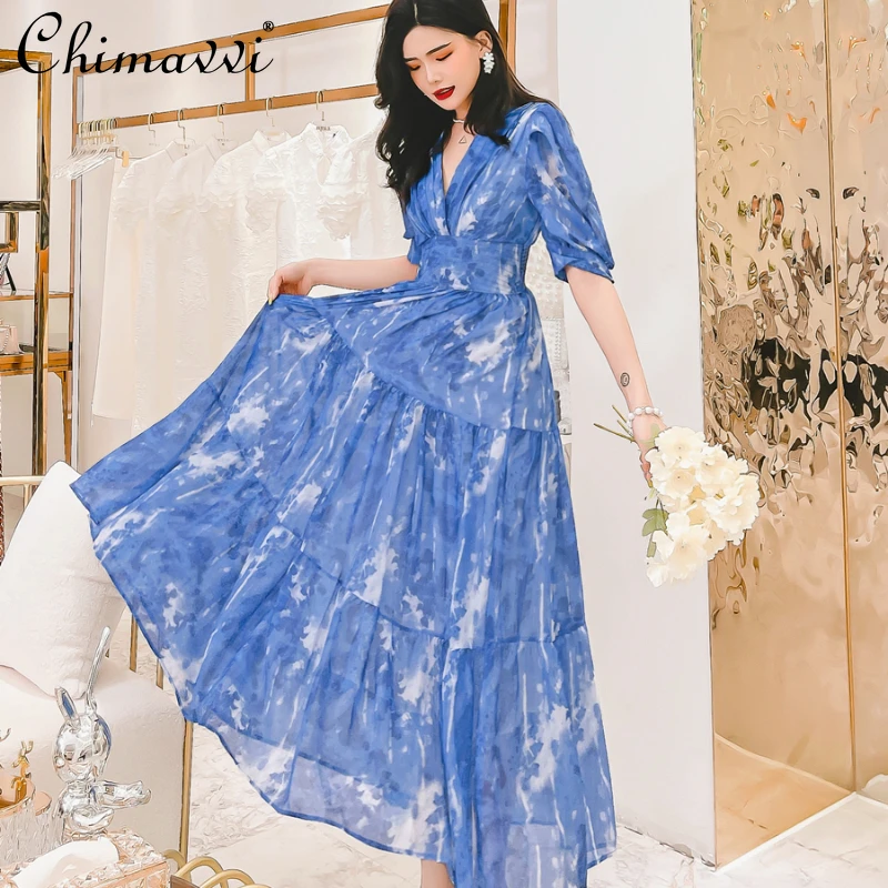

Short Sleeve Chiffon Printed Dress 2022 Summer New Fashion Fairy Temperamental High Waist Slimming Fresh Long Dress Feminine