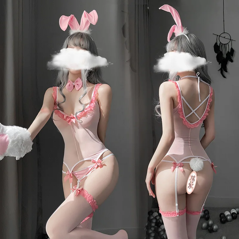 

Sexy Cute Bunny Hollow Out Lace Transparent Bandage Kawaii Couple Role Play Rabbit Uniform Outfit for Women Cosplay Costumes