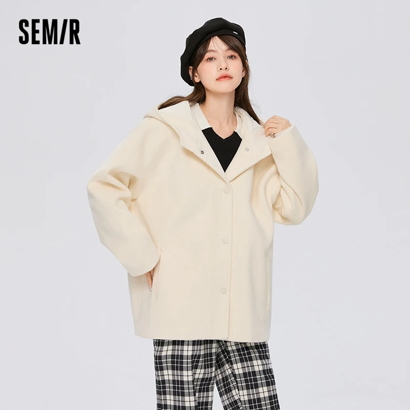 

Semir Coat Women Mid-Length Hooded Solid 2022 Winter New Loose Milky White Woolen Coat All-Match