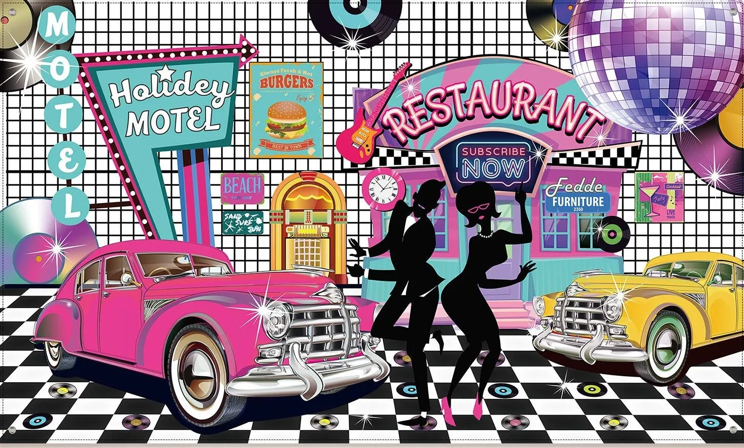 50s Diner restaurant Disco Ball Record Vintage Car Checkered Sparkly Glitter backdrops party backgrounds
