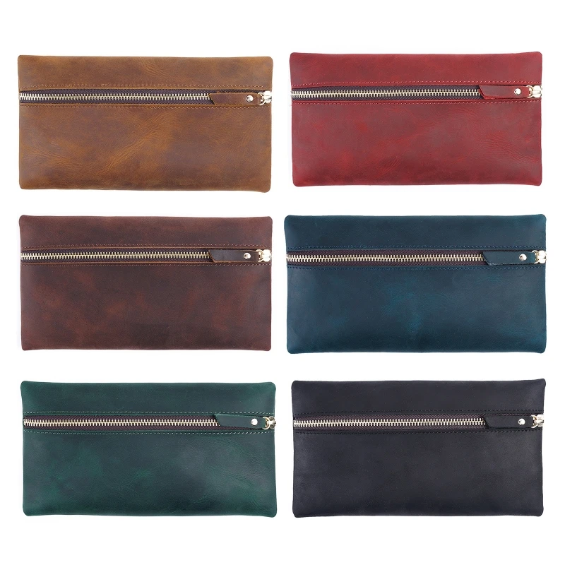 

N58E Leather Pencil Bag Phone Coin Zipper Pen Case Retro Style for businessmen Artist