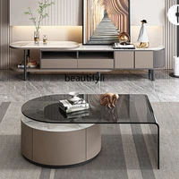 yj light luxury modern minimalist living room stone plate round tea table high grade tempered glass minimalist tea table