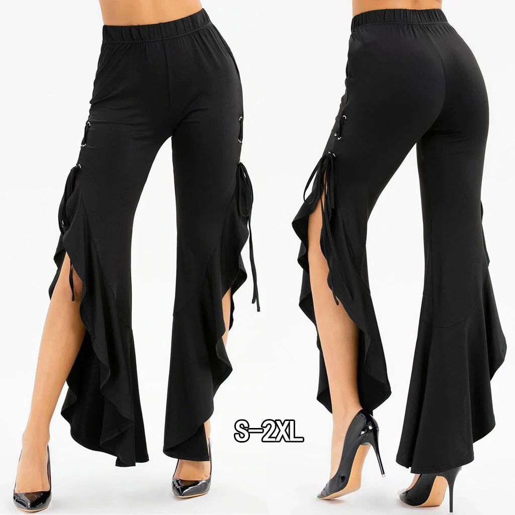 Ruffles Elegant Women Pant Black Split Side Pleated Elastic High Waist Wid Leg Pants Lace Up Office Lady Work Trousers
