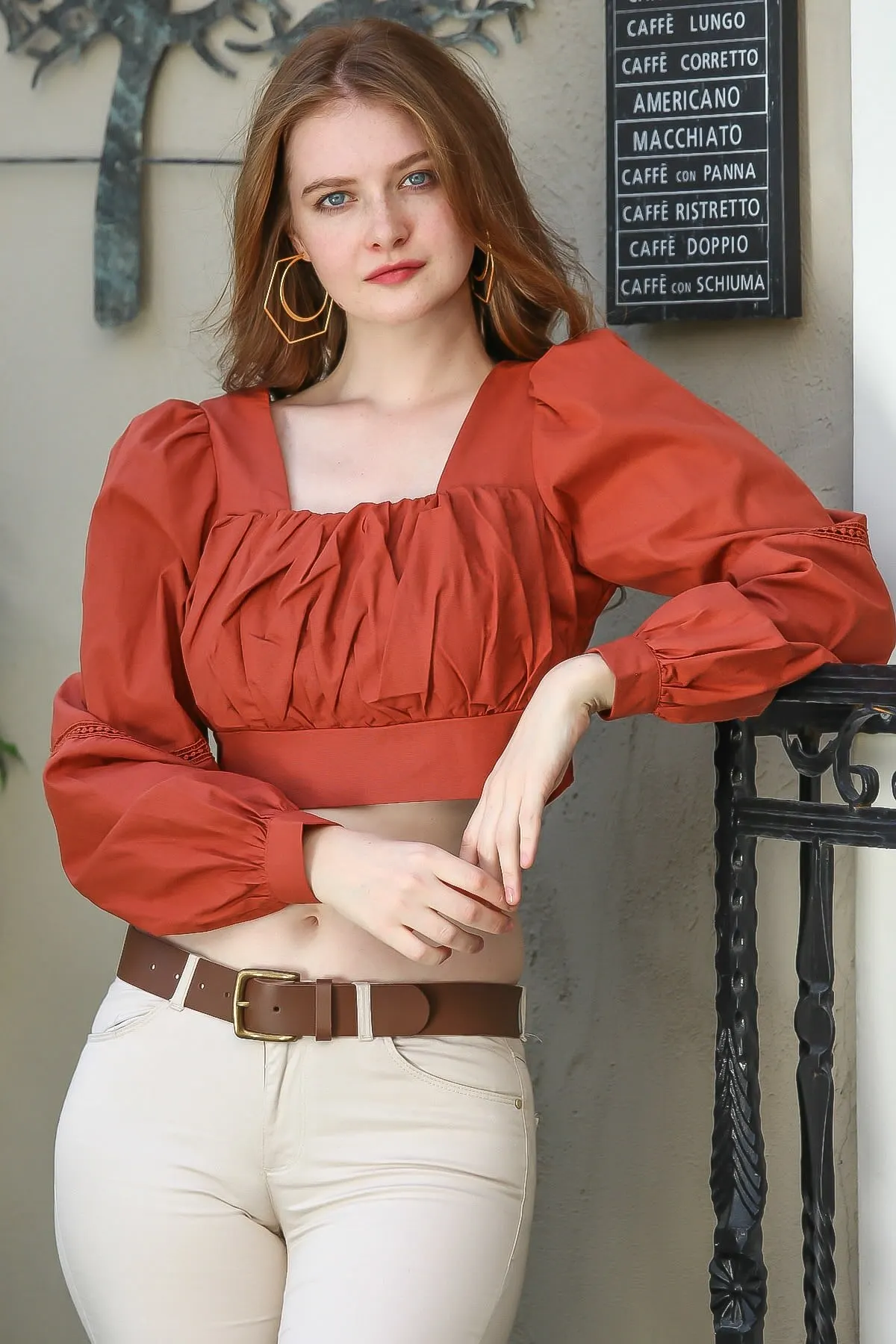 

Women's Summer Crop Top Blouse Tile Vintage Square Neck Draped Balloon Sleeve Plucked Detailed Crop Blouse Fashion Clothes