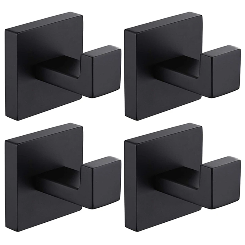 

4 Pack Matte Black Towel Hook Stainless Steel Bathroom Rust Proof Clothes Towel Coat Hook Wall Mounted Square Hanger