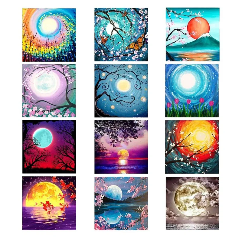 

12-Piece 5D Diamond Painting Kit Round Full Diamond Acrylic Embroidery Cross Stitch Home Decoration Moon