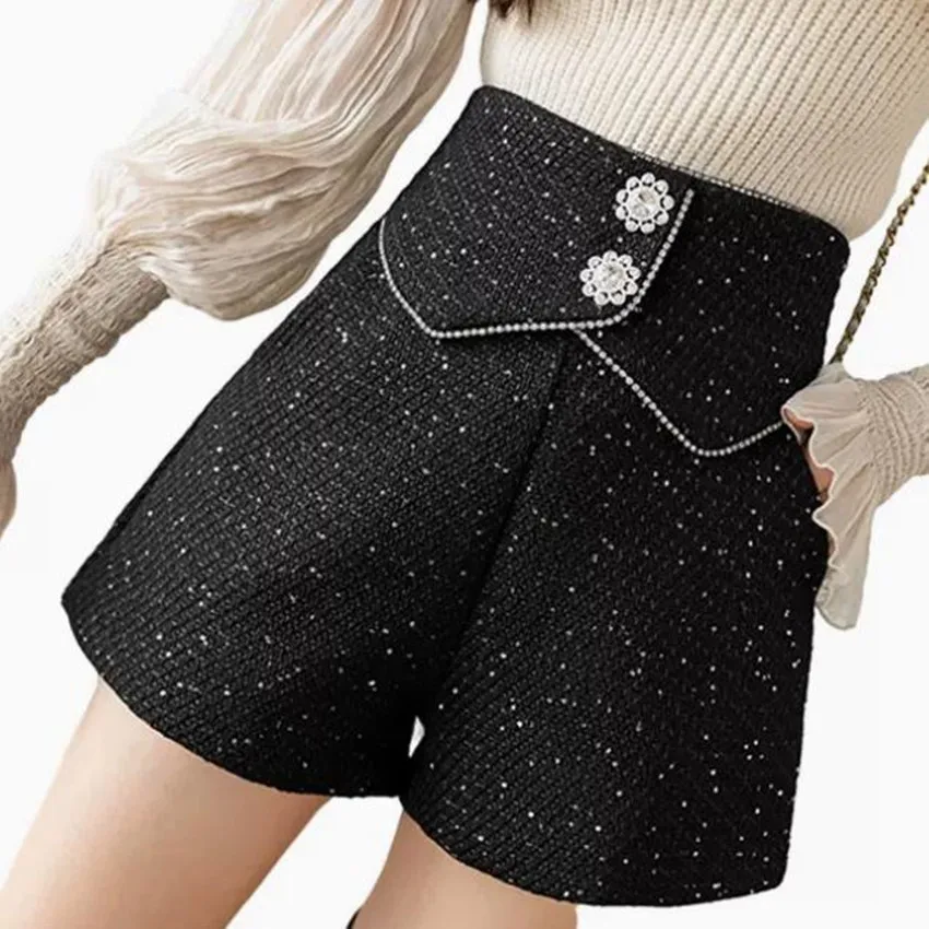 Small Fragrance Tweed Wool Sequined Shorts Women High Waist Autumn Winter Wide Leg Boots