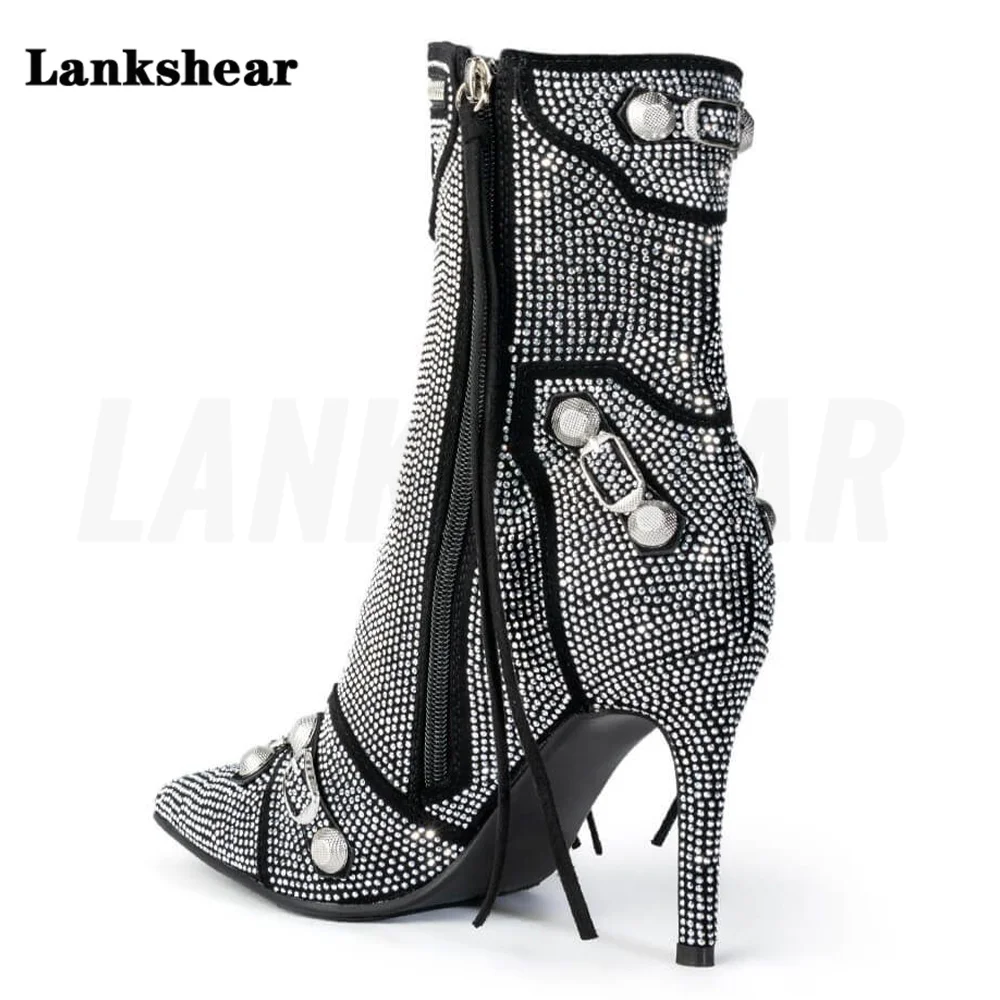 Women Pointed Stiletto Rivet Pin Buckle Rhinestone Boots Super High Heel Side Zipper Large Size Short Boots High Heels Boots